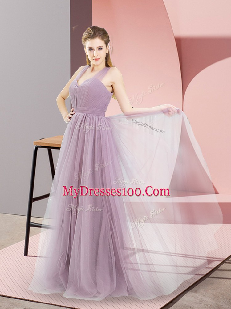 Colorful Floor Length Lilac Homecoming Dress Tulle Sleeveless Ruching