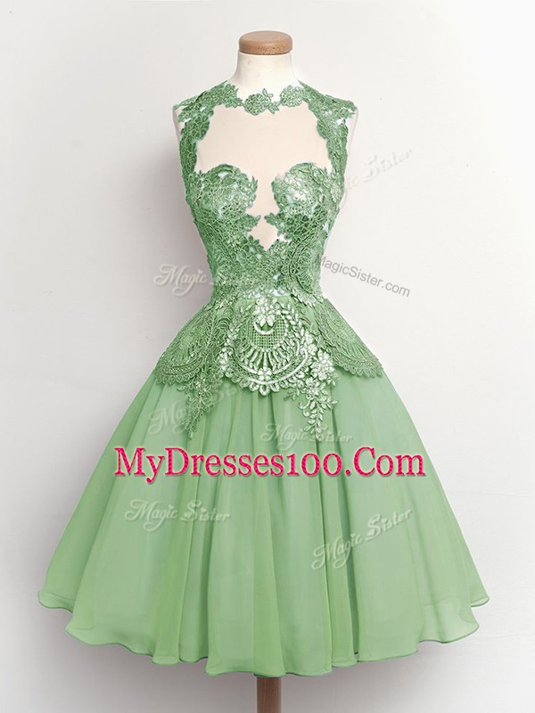 Pretty Green Sleeveless Knee Length Lace Lace Up Bridesmaid Dresses