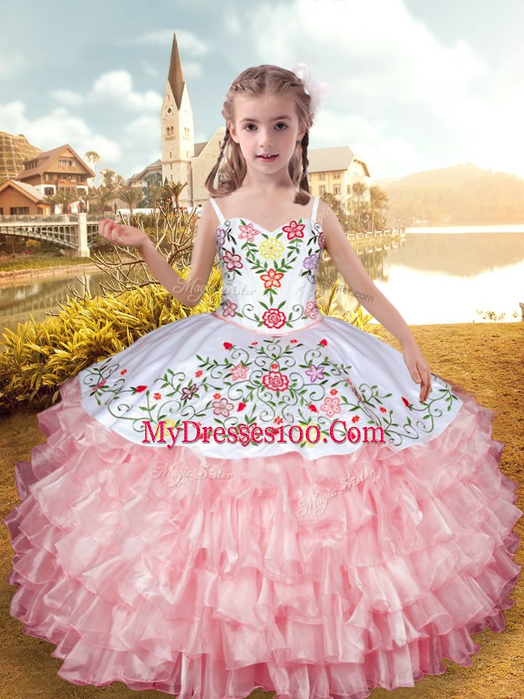 Baby Pink Little Girl Pageant Gowns Party with Embroidery and Ruffled Layers Straps Sleeveless Lace Up