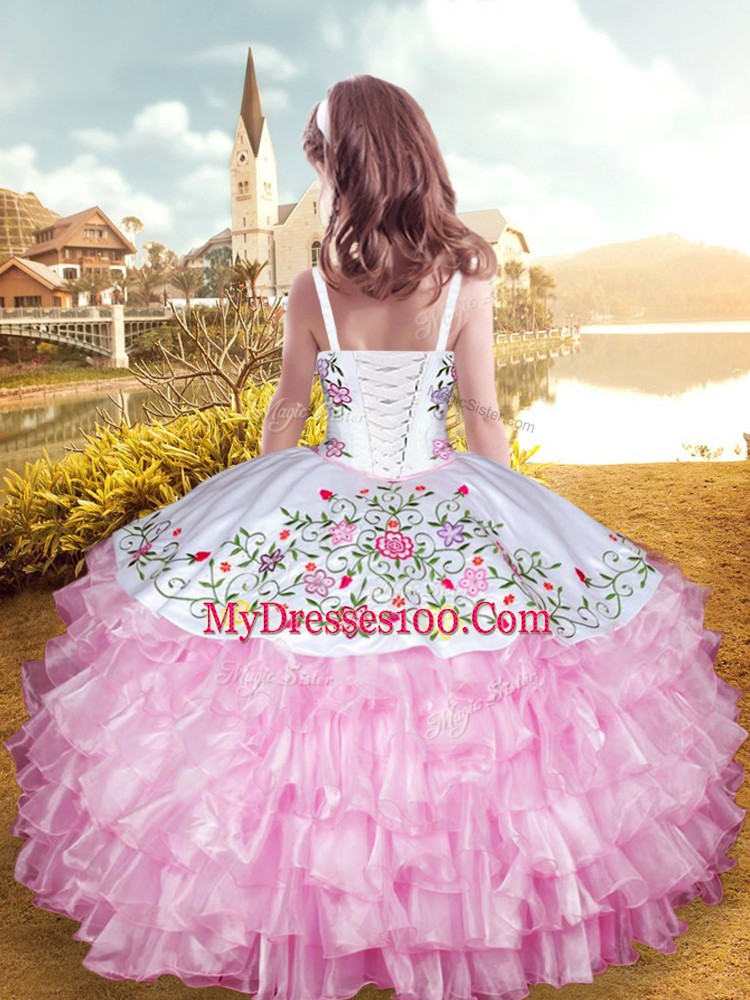 Baby Pink Little Girl Pageant Gowns Party with Embroidery and Ruffled Layers Straps Sleeveless Lace Up