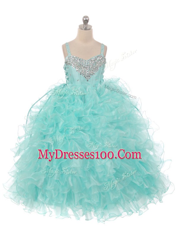 Floor Length Aqua Blue Child Pageant Dress Organza Sleeveless Beading and Ruffles