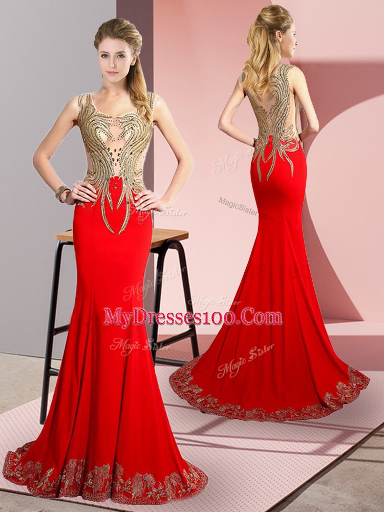 Great Elastic Woven Satin Sleeveless Prom Dresses Brush Train and Beading and Appliques