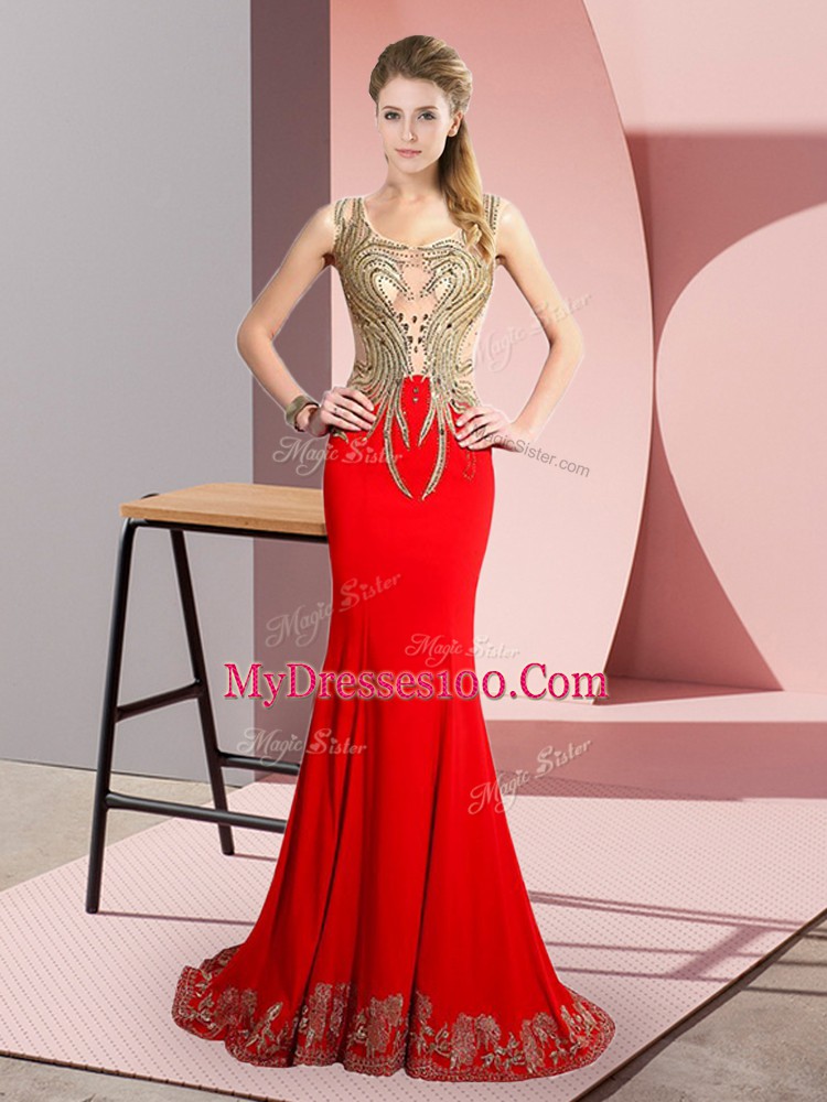 Great Elastic Woven Satin Sleeveless Prom Dresses Brush Train and Beading and Appliques