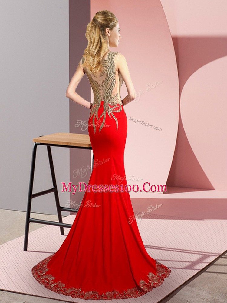 Great Elastic Woven Satin Sleeveless Prom Dresses Brush Train and Beading and Appliques
