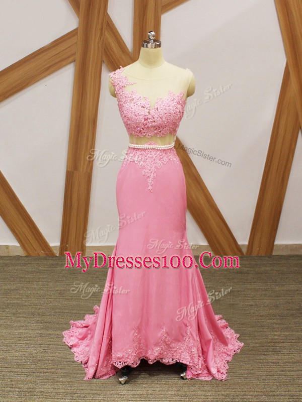 Baby Pink Elastic Woven Satin Zipper Scoop Sleeveless Prom Party Dress Brush Train Beading and Lace and Appliques
