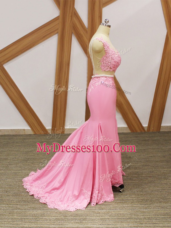Baby Pink Elastic Woven Satin Zipper Scoop Sleeveless Prom Party Dress Brush Train Beading and Lace and Appliques
