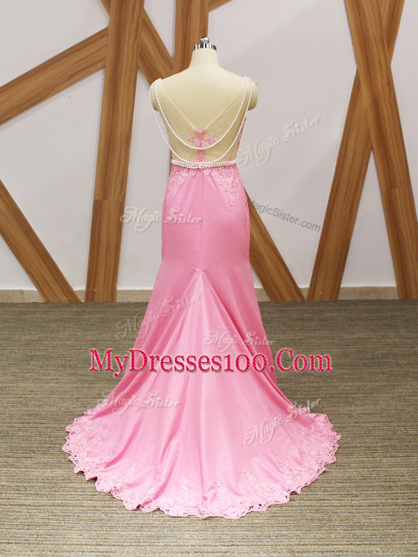 Baby Pink Elastic Woven Satin Zipper Scoop Sleeveless Prom Party Dress Brush Train Beading and Lace and Appliques