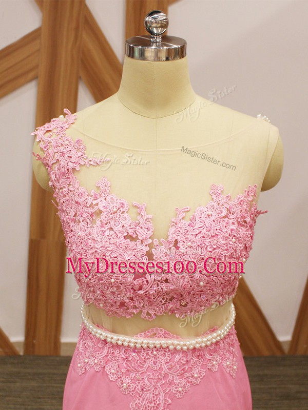 Baby Pink Elastic Woven Satin Zipper Scoop Sleeveless Prom Party Dress Brush Train Beading and Lace and Appliques