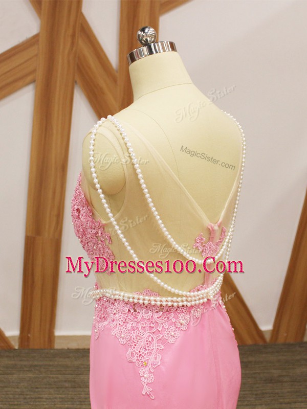 Baby Pink Elastic Woven Satin Zipper Scoop Sleeveless Prom Party Dress Brush Train Beading and Lace and Appliques
