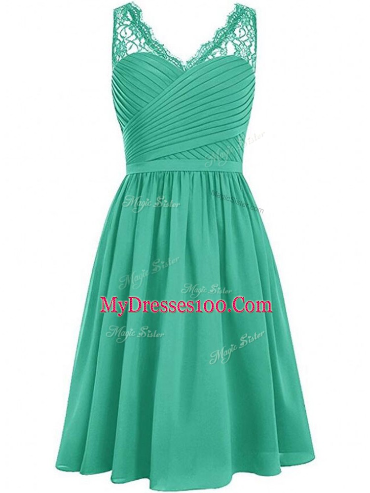 Pretty Green Chiffon Side Zipper V-neck Sleeveless Knee Length Vestidos de Damas Lace and Ruching