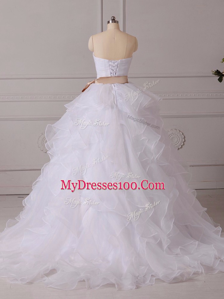 Stylish Lace Up Wedding Gowns White for Beach and Wedding Party with Beading and Ruffles and Sashes ribbons Brush Train