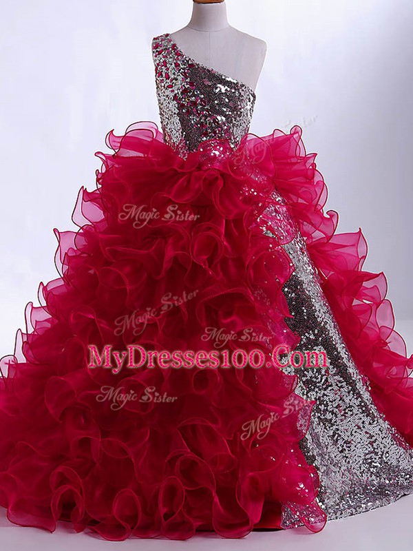 Wine Red Organza and Sequined Zipper One Shoulder Sleeveless Floor Length Little Girls Pageant Dress Ruffles and Sequins