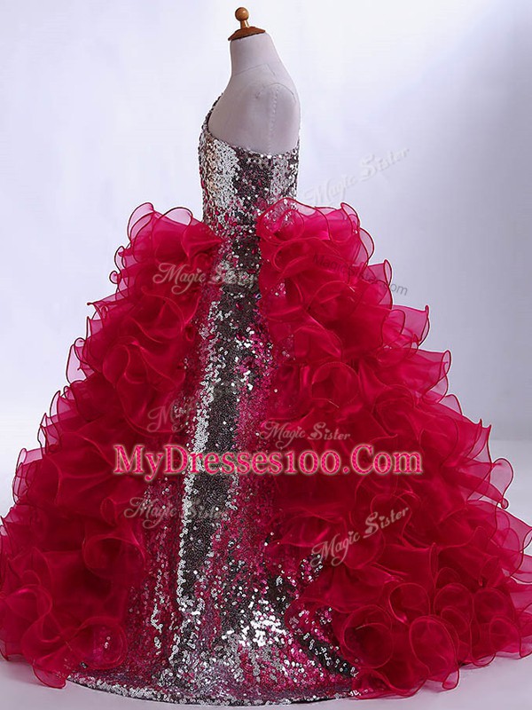 Wine Red Organza and Sequined Zipper One Shoulder Sleeveless Floor Length Little Girls Pageant Dress Ruffles and Sequins