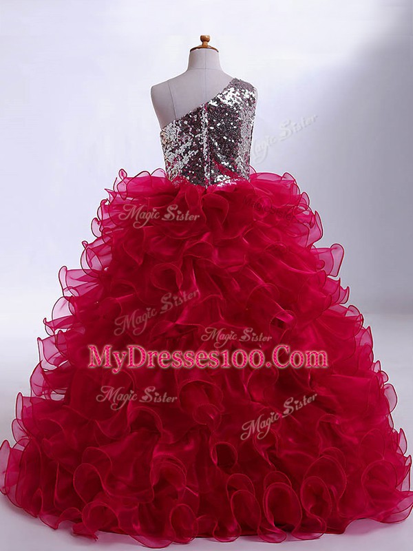 Wine Red Organza and Sequined Zipper One Shoulder Sleeveless Floor Length Little Girls Pageant Dress Ruffles and Sequins