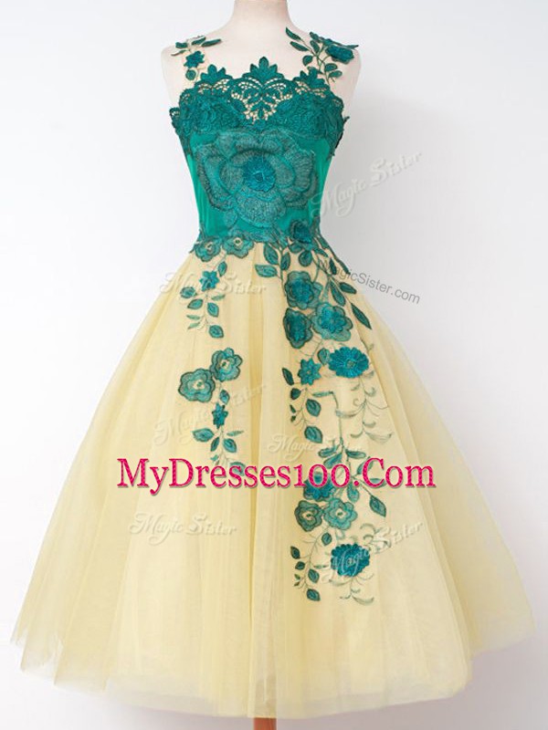 Chic Gold Straps Neckline Appliques Wedding Party Dress Sleeveless Lace Up
