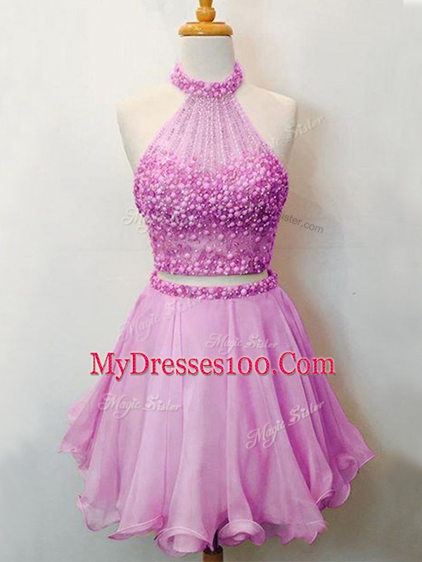 Top Selling Halter Top Sleeveless Quinceanera Dama Dress Knee Length Beading Lilac Organza