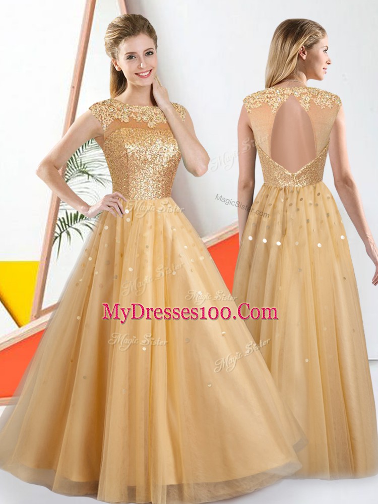 Most Popular Tulle Bateau Sleeveless Backless Beading and Lace Court Dresses for Sweet 16 in Champagne