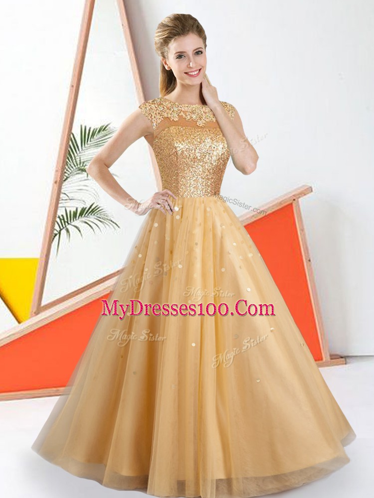Most Popular Tulle Bateau Sleeveless Backless Beading and Lace Court Dresses for Sweet 16 in Champagne