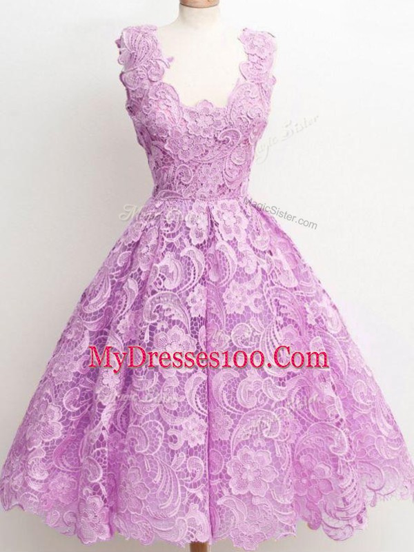 Unique Knee Length A-line Sleeveless Lilac Vestidos de Damas Zipper