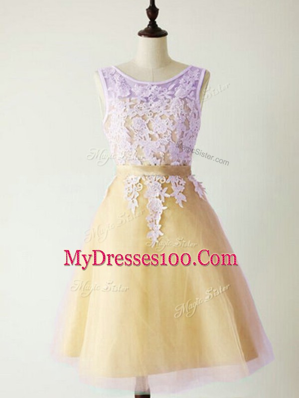 Romantic Scoop Sleeveless Lace Up Quinceanera Dama Dress Gold Tulle