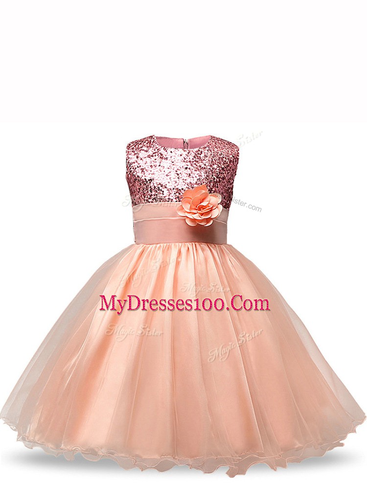 Peach Child Pageant Dress Wedding Party with Sequins and Hand Made Flower Scoop Sleeveless Zipper