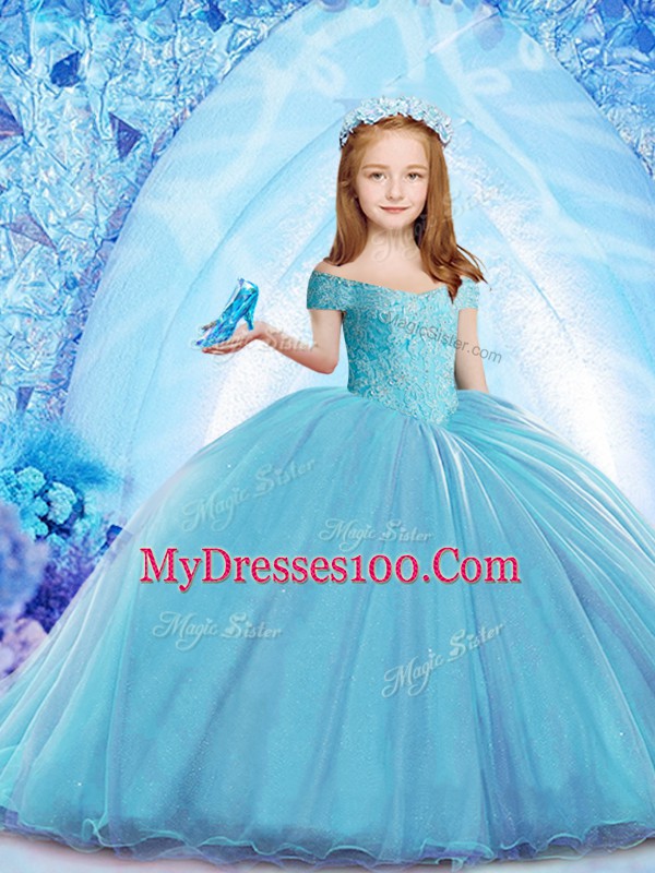 Baby Blue Ball Gowns Off The Shoulder Cap Sleeves Organza Brush Train Lace Up Beading Little Girl Pageant Dress
