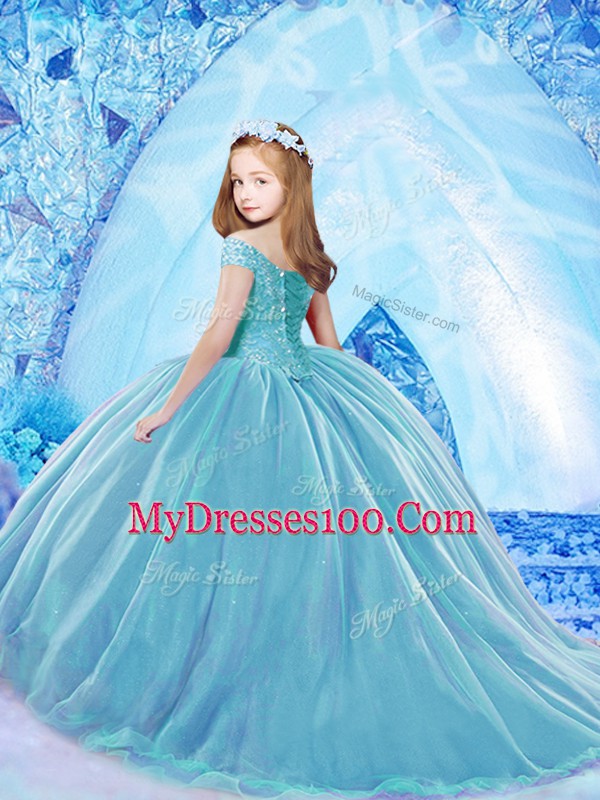 Baby Blue Ball Gowns Off The Shoulder Cap Sleeves Organza Brush Train Lace Up Beading Little Girl Pageant Dress