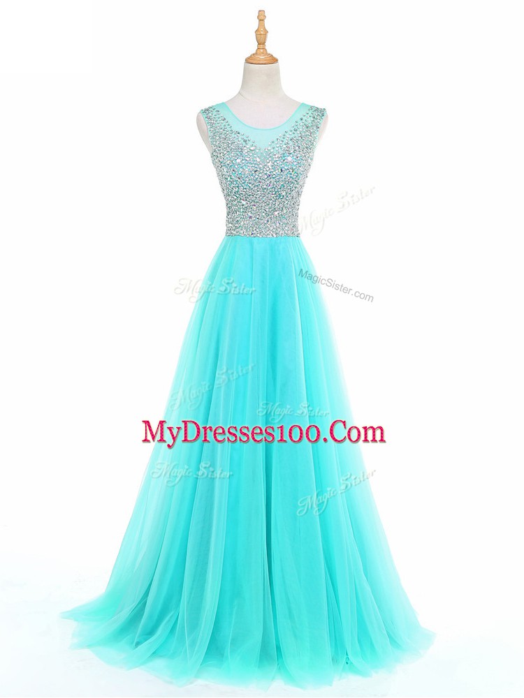 Vintage Scoop Sleeveless Prom Party Dress Floor Length Beading Aqua Blue Tulle