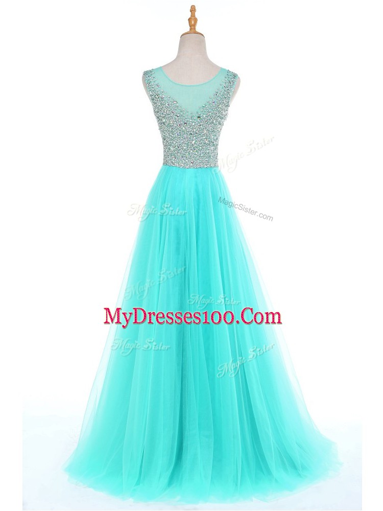Vintage Scoop Sleeveless Prom Party Dress Floor Length Beading Aqua Blue Tulle