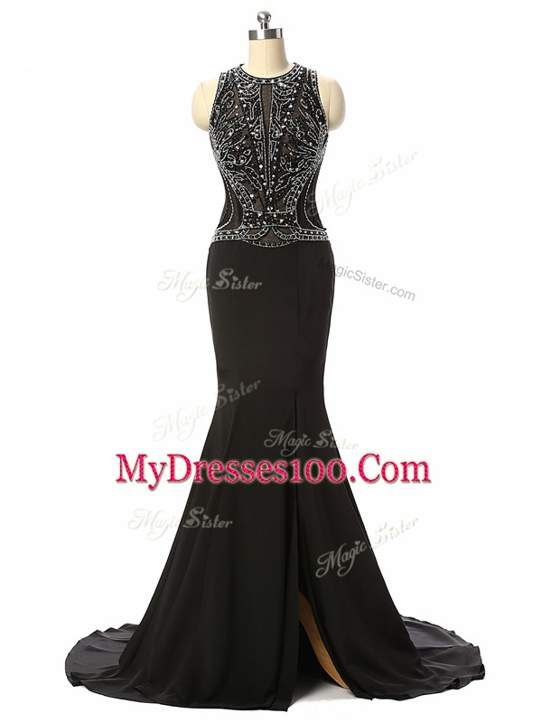Enchanting Side Zipper Prom Gown Black for Prom and Military Ball and Sweet 16 with Beading Brush Train