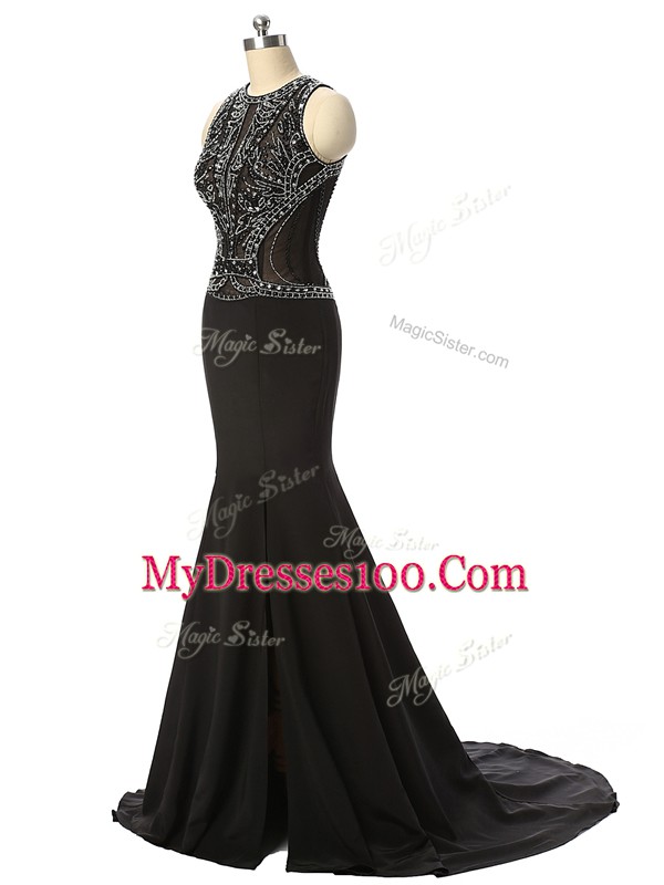 Enchanting Side Zipper Prom Gown Black for Prom and Military Ball and Sweet 16 with Beading Brush Train