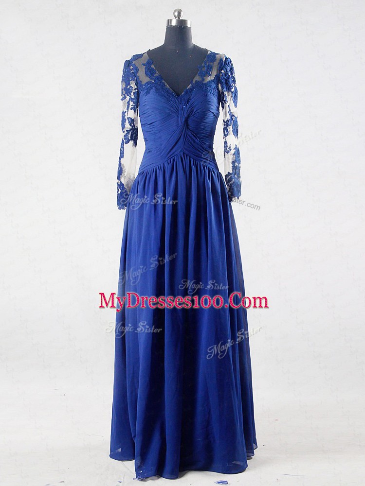 Long Sleeves Floor Length Lace and Appliques Zipper Mother Of The Bride Dress with Blue