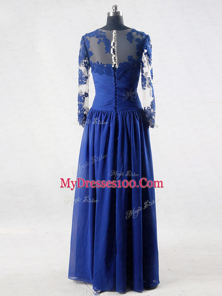 Long Sleeves Floor Length Lace and Appliques Zipper Mother Of The Bride Dress with Blue