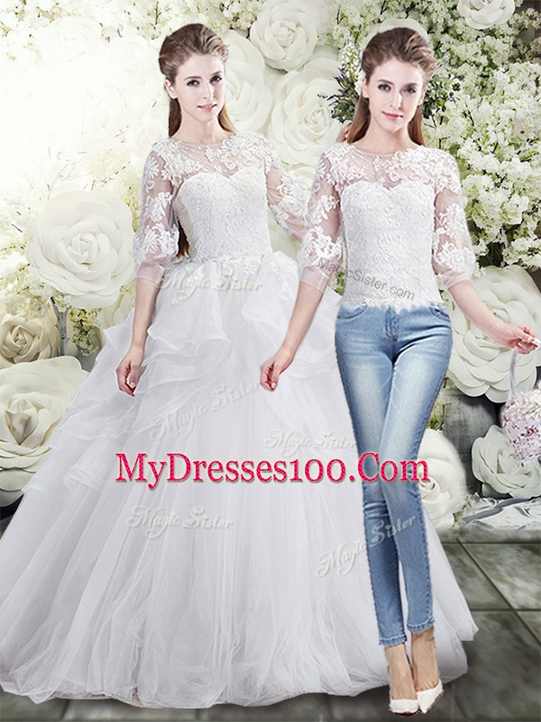 Great White Lace Up Wedding Gown Lace and Ruffles Half Sleeves Brush Train