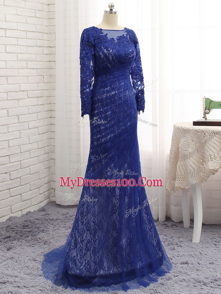 Amazing Blue Long Sleeves Lace Zipper Mother of Groom Dress