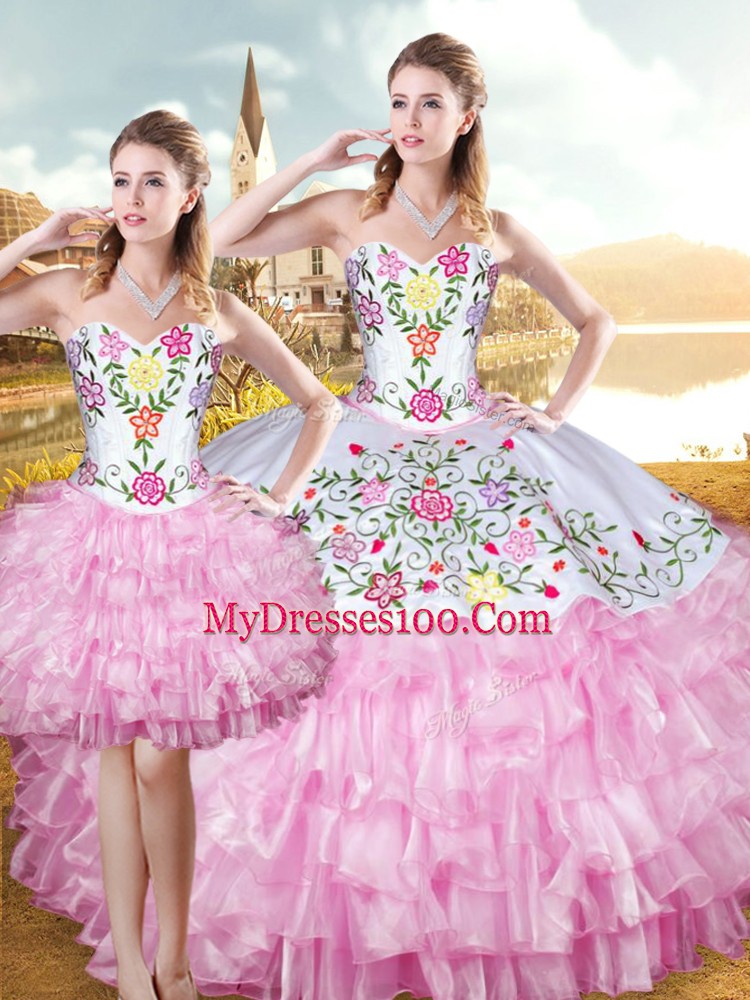 Perfect Rose Pink Organza and Taffeta Lace Up Quinceanera Dresses Sleeveless Floor Length Embroidery and Ruffled Layers