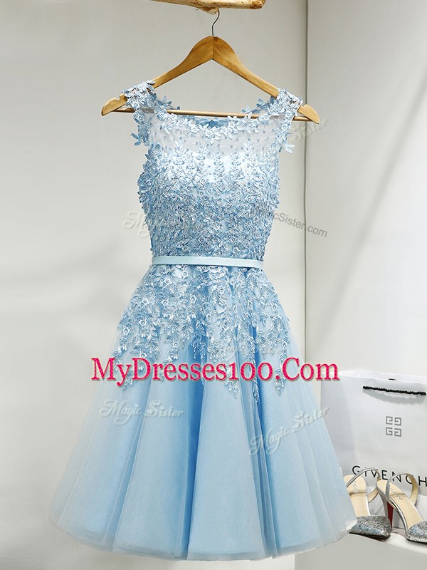 Mini Length Zipper Dama Dress for Quinceanera Baby Blue for Prom and Party and Wedding Party with Lace