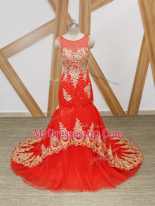 Coral Red Tulle Zipper Sleeveless Brush Train Beading and Lace and Appliques