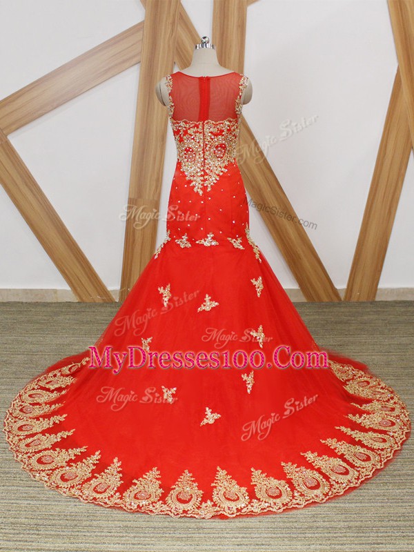 Coral Red Tulle Zipper Sleeveless Brush Train Beading and Lace and Appliques