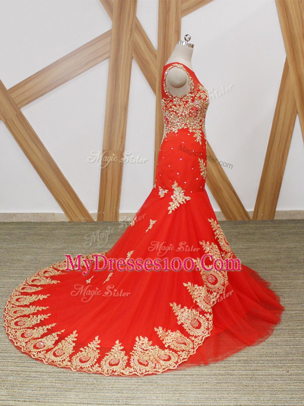 Coral Red Tulle Zipper Sleeveless Brush Train Beading and Lace and Appliques