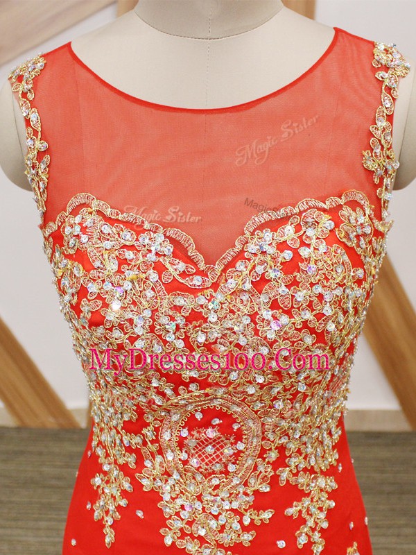 Coral Red Tulle Zipper Sleeveless Brush Train Beading and Lace and Appliques