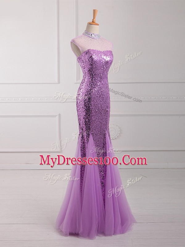 Smart Tulle and Sequined Sleeveless Floor Length Dress for Prom and Beading and Sequins
