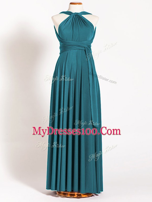 Vintage Floor Length Backless Bridesmaids Dress Teal for Prom and Party and Wedding Party with Ruching
