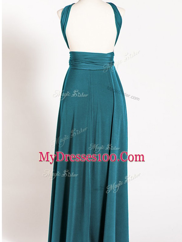 Vintage Floor Length Backless Bridesmaids Dress Teal for Prom and Party and Wedding Party with Ruching
