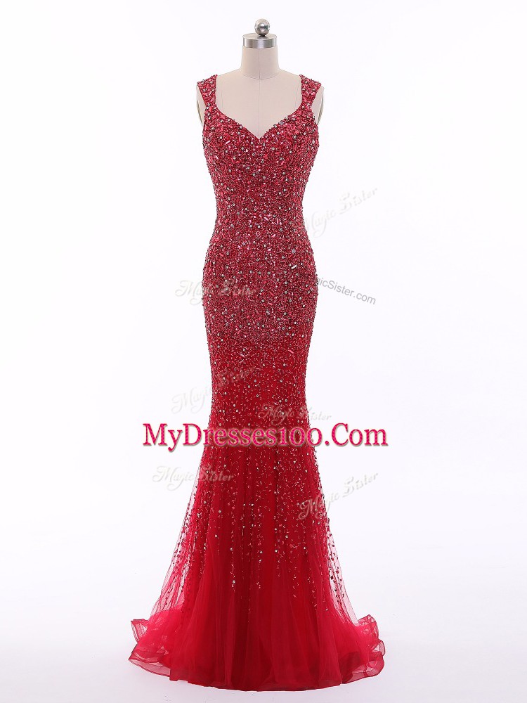 Cheap Red Sleeveless Tulle Zipper Prom Evening Gown for Prom and Military Ball and Beach