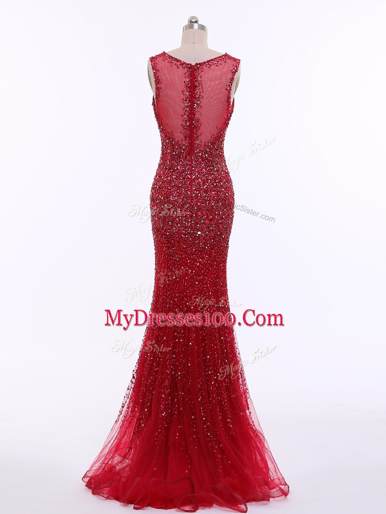 Cheap Red Sleeveless Tulle Zipper Prom Evening Gown for Prom and Military Ball and Beach