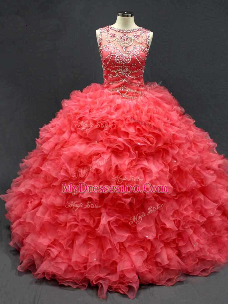 Pretty Coral Red Organza Lace Up Sweet 16 Dress Sleeveless Floor Length Beading and Ruffles