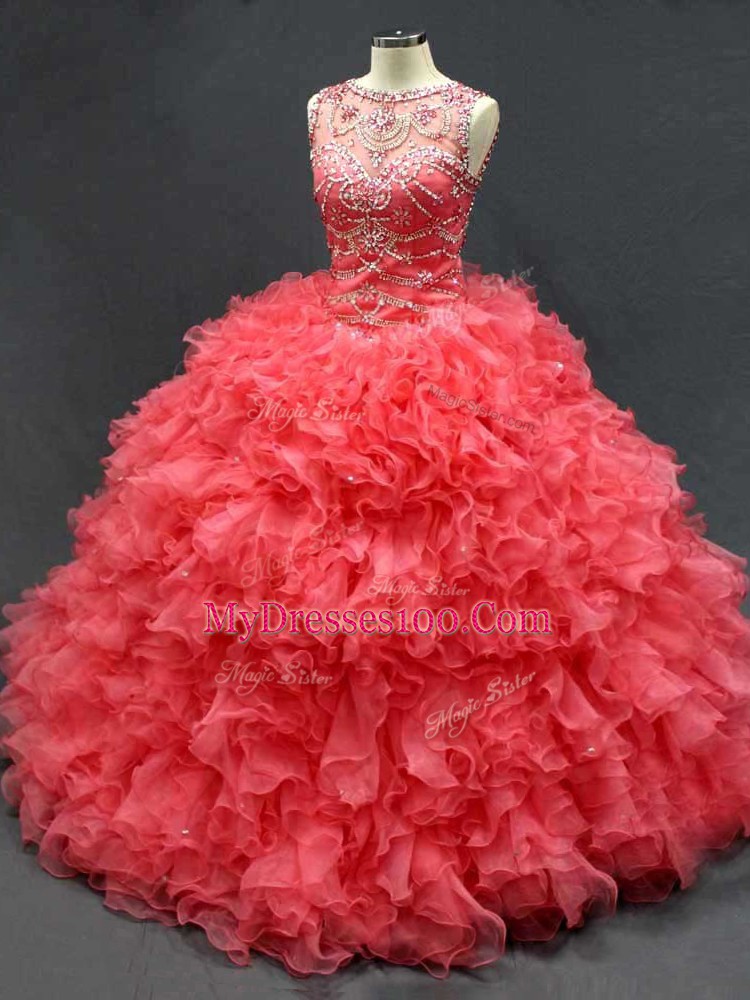 Pretty Coral Red Organza Lace Up Sweet 16 Dress Sleeveless Floor Length Beading and Ruffles