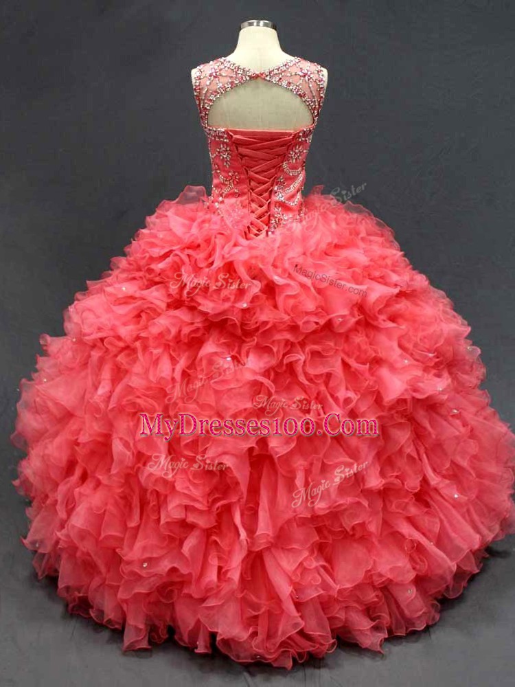 Pretty Coral Red Organza Lace Up Sweet 16 Dress Sleeveless Floor Length Beading and Ruffles