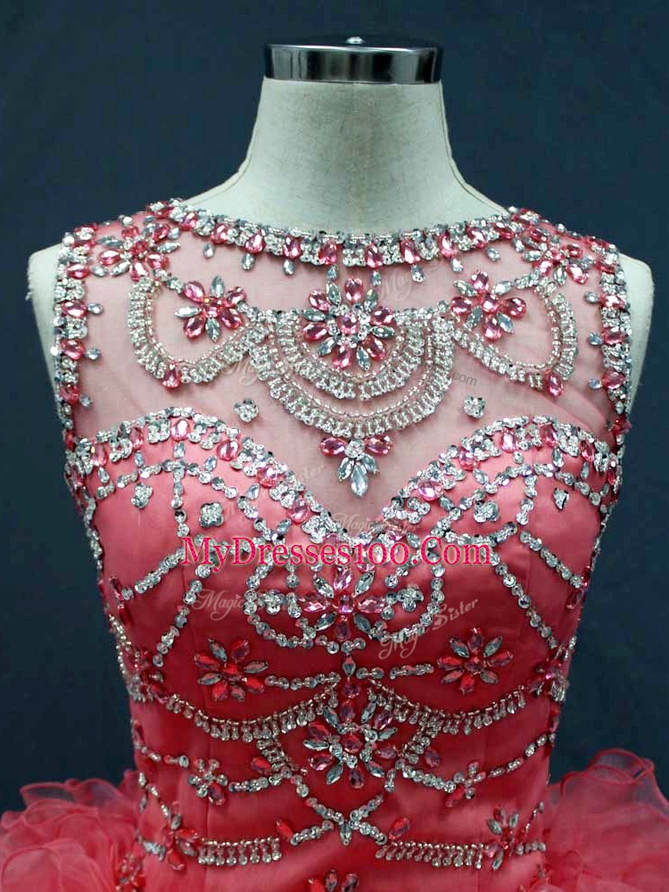 Pretty Coral Red Organza Lace Up Sweet 16 Dress Sleeveless Floor Length Beading and Ruffles
